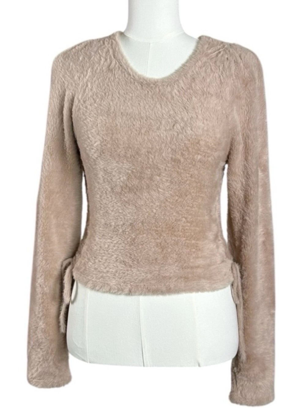 For Love & Lemons Fuzzy Ruched Teddy Cropped Sweater Tan Cream NWT Size Medium